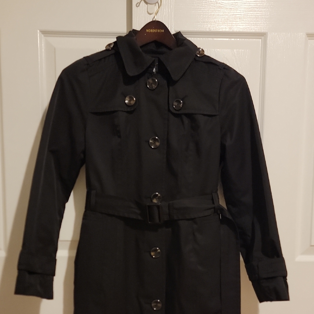 London Fog Long Black Women's Trench Coat Hooded Single Breasted Maxi